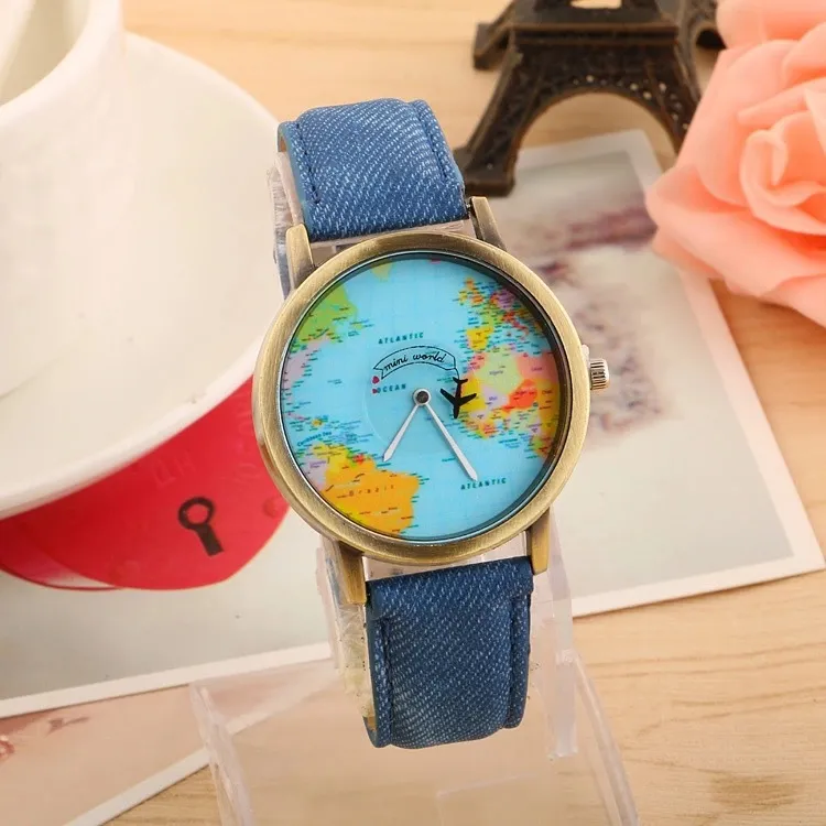 Casual Homens Mulheres Moda Vintage World Map relógio por Avião Belt mostrador analógico de pulso de quartzo WR049