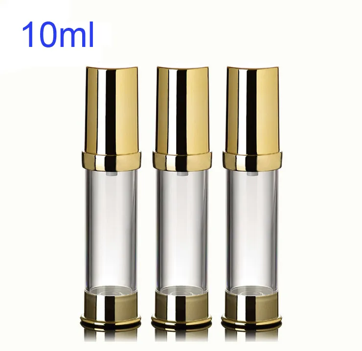 300pcs / lot 10ml 빈 플라스틱 분할 충전 병, 10cc Airless 로션 펌프 병. 금 뚜껑이 달린 리필 용기