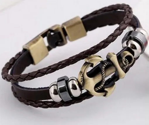 2017 DIY Leder Perlen Charm Armbänder für Männer Mode Charme Schmuck Punk Wachs Seil Manschetten Armreifen Anker Multilayer Legierung Armband