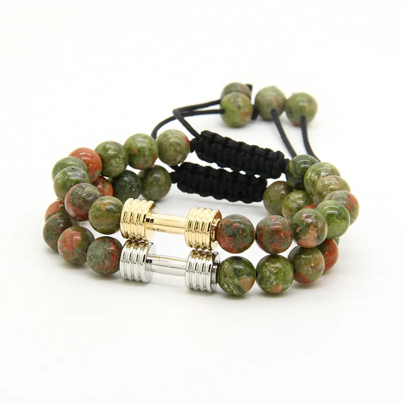 Braceletes de desporto dos homens Atacado 8mm Unakite Stone Beads com New Barbell Fitness Dumbbell Macrame Charms Pulseiras