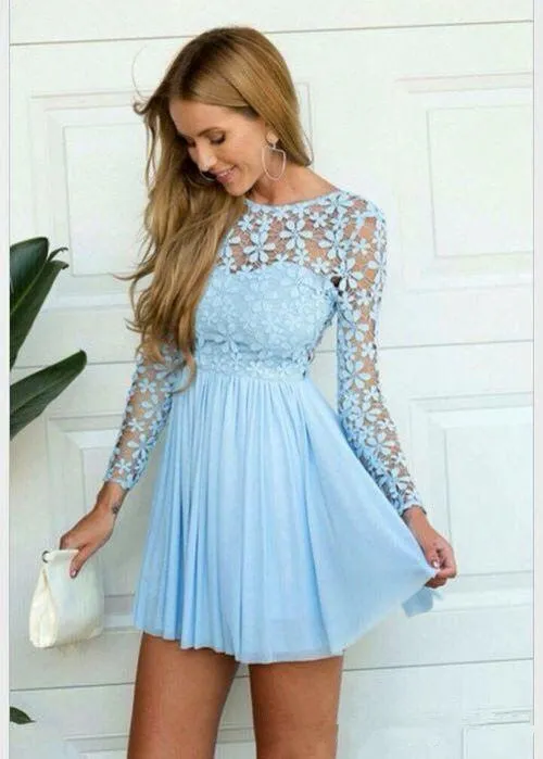 Sky Blue Long Sleeve Crochet Lace Chiffon Skater Korta Prom Homecoming Dresses Sommarlov Elegant Billiga Kort Occasion Prom Gown
