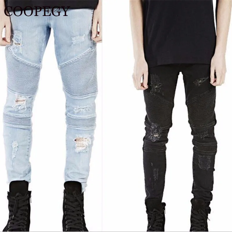 Gros-designer Brand New hommes noir jeans maigre déchiré Stretch Slim mode hip-hop swag homme casual pantalon de motard en denim salopettes Jogger