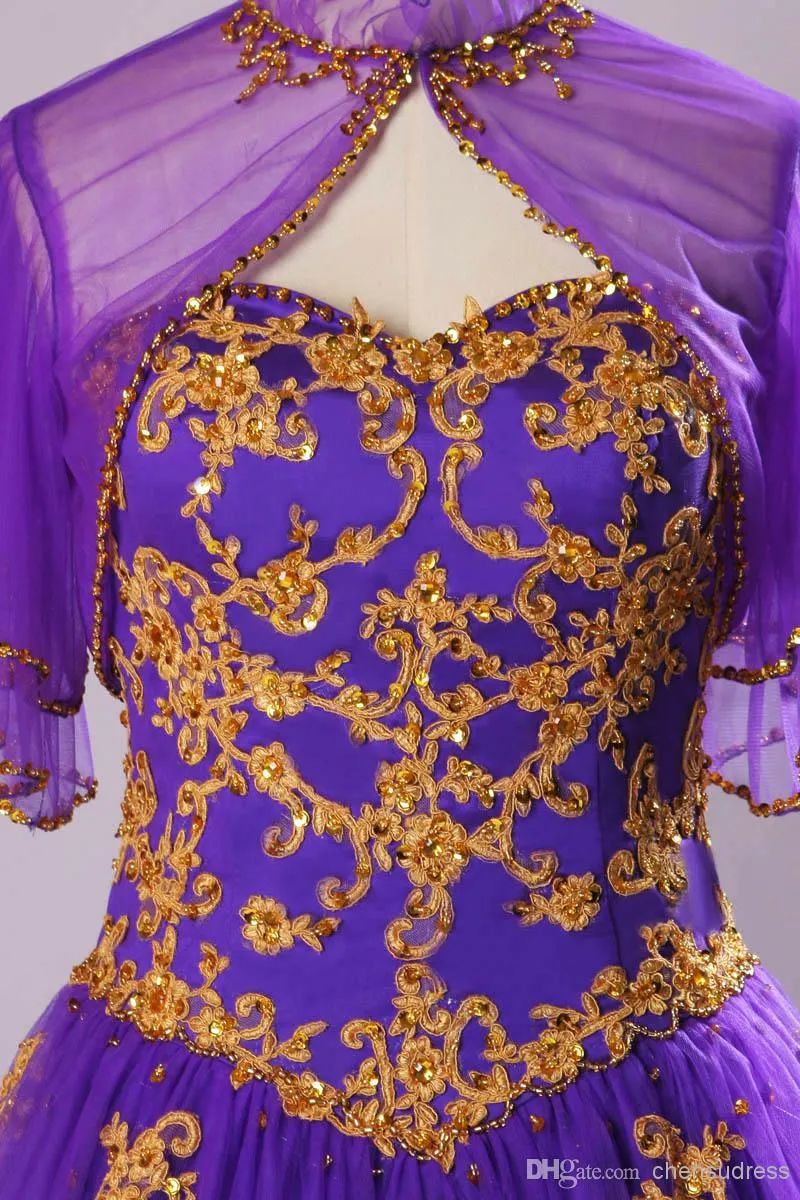 Paars en gouden borduurwerk quinceanera jurken baljurken met lovertjes kralen tule corset terug goedkope prom avondjurk jurken Custom
