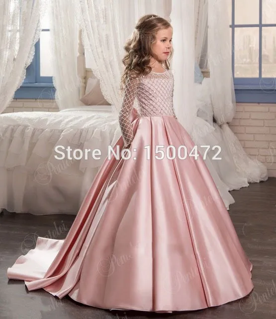 2019 Wspaniały Różowy Kwiat Girl Sukienki na Wesela Dzieci Długie Rękaw Sukienka Sukienka Koraliki Suknia Balowa Dziewczyny Suknie Korowne