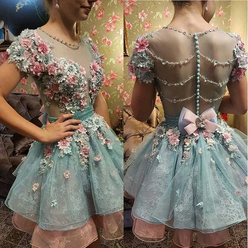 Hot 3D Floral Appliqued Homecoming Dresses Sweet 16 Short Sleeve Beads Prom Gowns Plus Size Vintage Formal Evening Dress