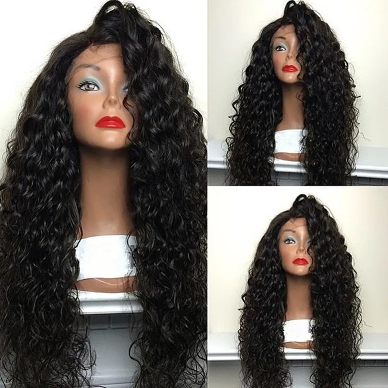 Free shipping Cheap High Quality Heat Resistant Japan Fiber Long Black Water Wave Synthetic Lace Front Wigs With Baby Hair for Black Women