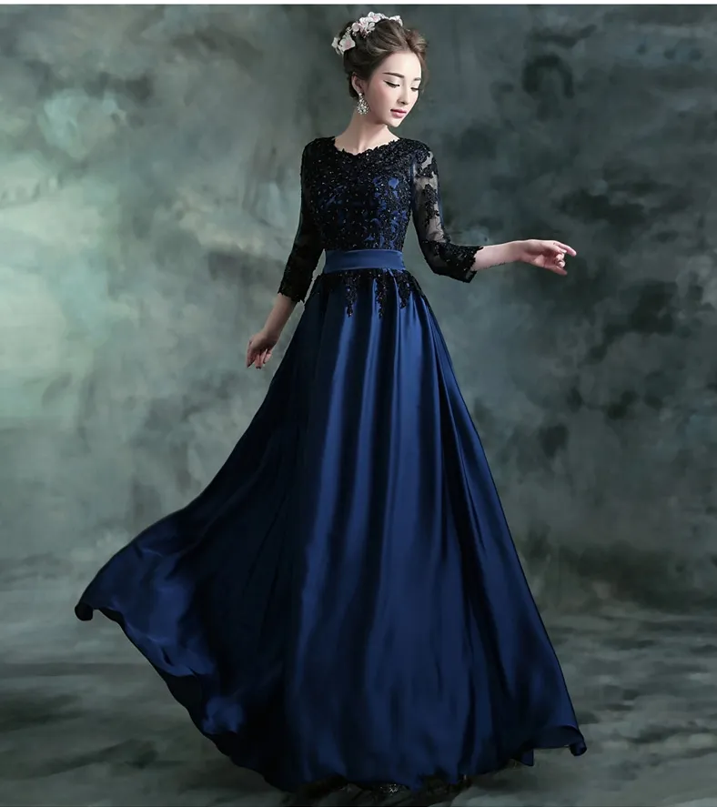 Navy Blue Long Modest Bridesmaid Dresses With 3/4 Sleeves Beaded Lace Satin Wedding Party Dresses Winter New Cheap Brides Maid Dress