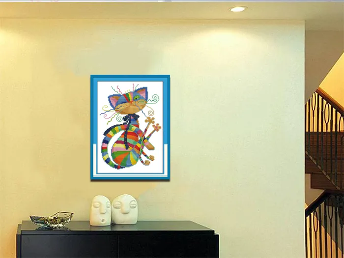Peintures colorées de décor de dessin animé d'animal de chat, ensembles faits à la main de couture de broderie de point de croix comptés impression sur la toile DMC 14CT / 11CT
