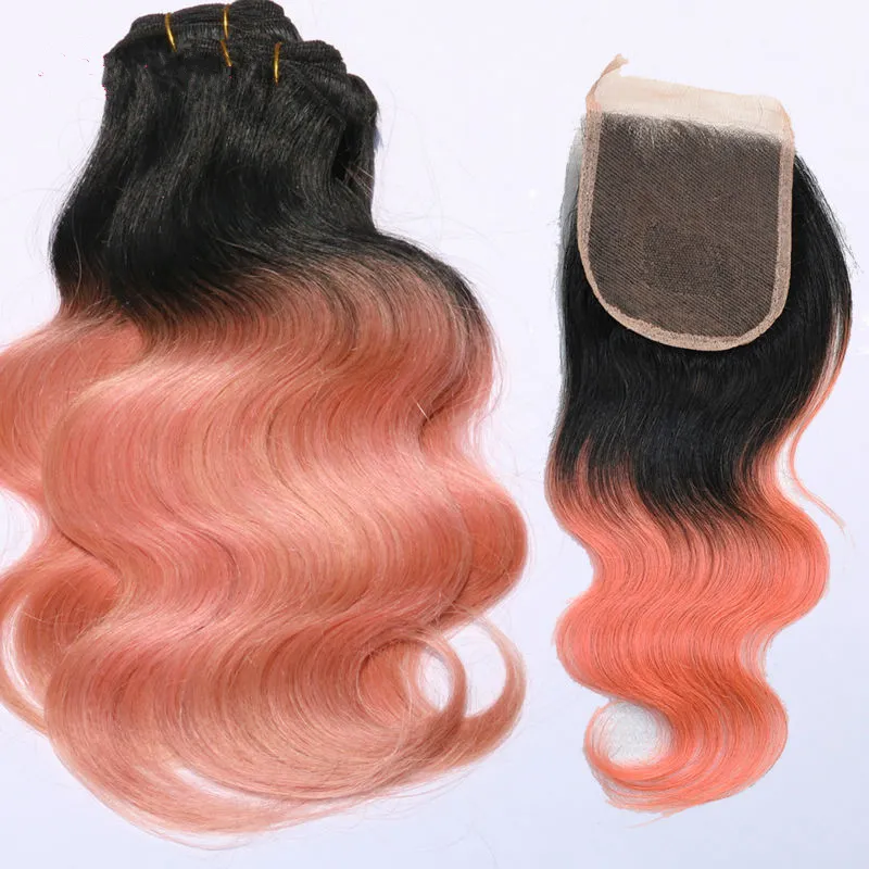New Arrival Dark Root Rose Gold Body Wave Ombre Human Hair With Closure 1B Rose Gold Hair Weft With Closure 4x4 Lot9124781