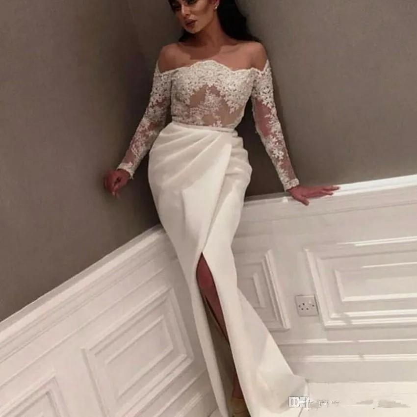 Saudi Arabic Lace Evening Dresses Off The Shoulder Long Sleeve See Through Evening Gowns Appliqued Dubai Kaftan Dress Split Party Dresses