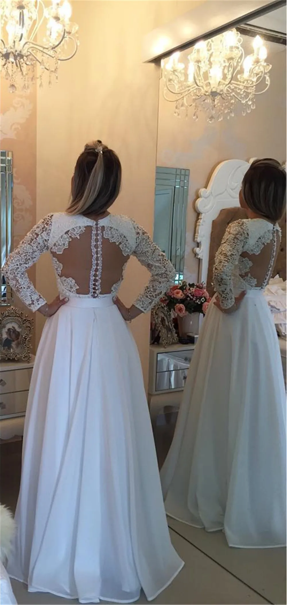 Elegant Long Sleeve Pearls Prom Dresses A-Line Lace Floor Length White Lace Evening Dress vestido de gala azul