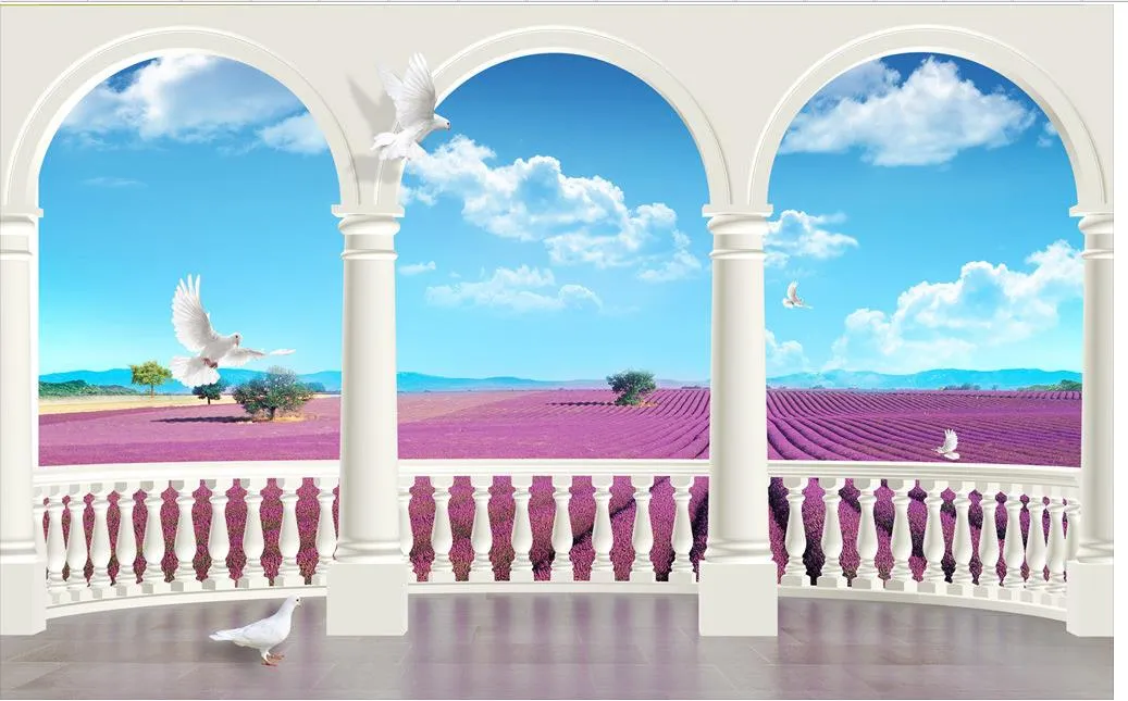 ファッションの装飾の家の装飾のための寝室の夢の3 dラベンダー青い空白い雲テレビの背景の壁