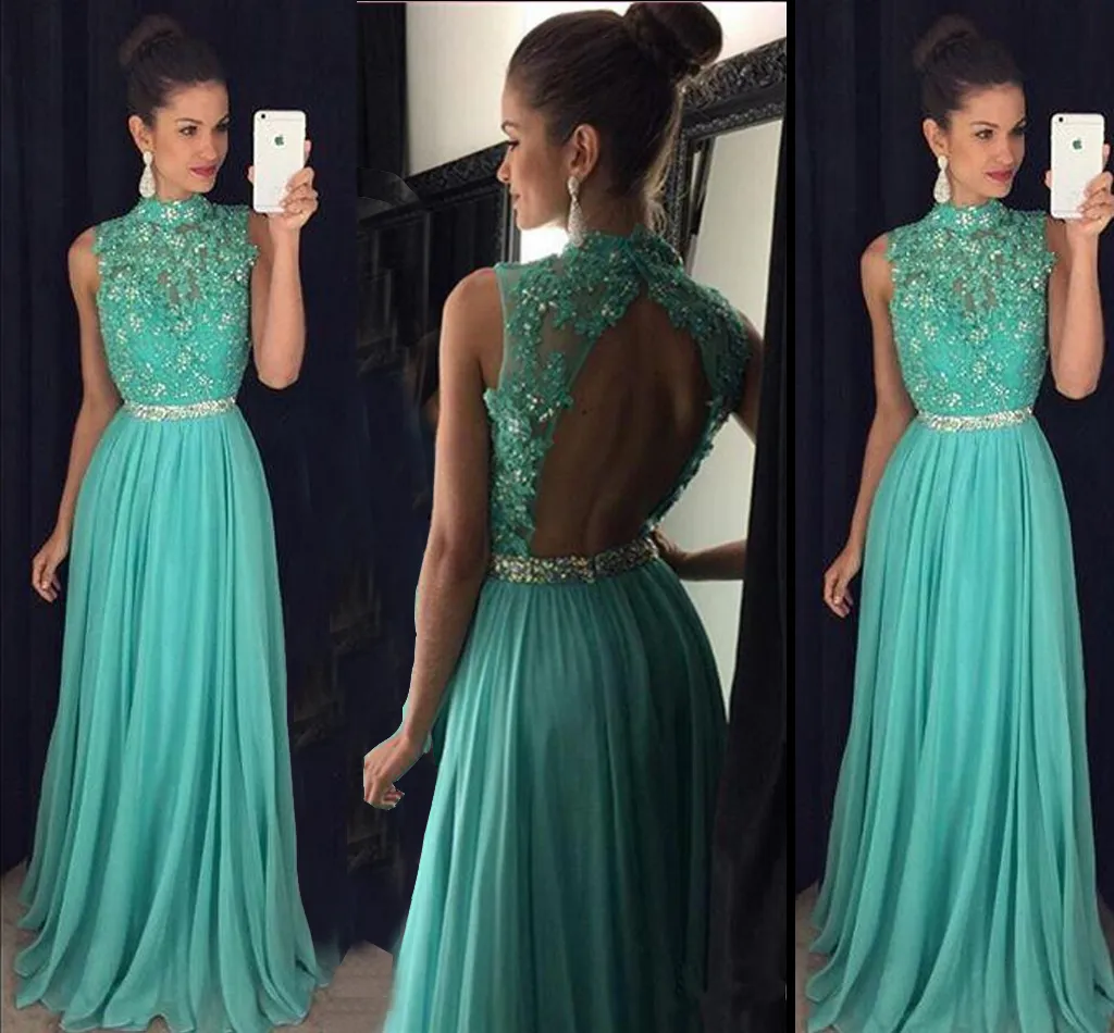 Modest Green Beading Long Prom Dresses High Neck Appliques Chiffon Floor Length Backless Evening Gowns Formal Party Dresses