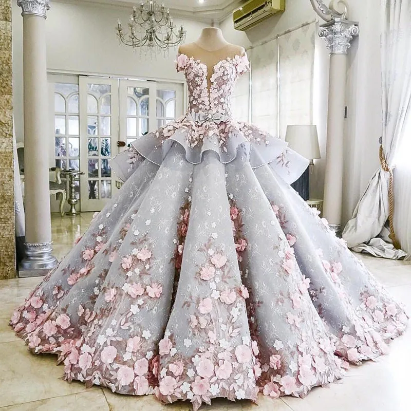 럭셔리 실제 사진 볼 가운 웨딩 드레스 Zuhair Murad Ruffles 치마 등이없는 분홍색 꽃 신부 가운을 통해 보이는 멍청한