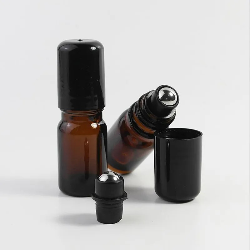 Amber Brown 5ml 1 / 6oz Roll On Fragrance Perfume Bottle Tjock Glasflaska Essentiell Olja Aromaterapi Flaska Stål Metall Roller Ball F2017108