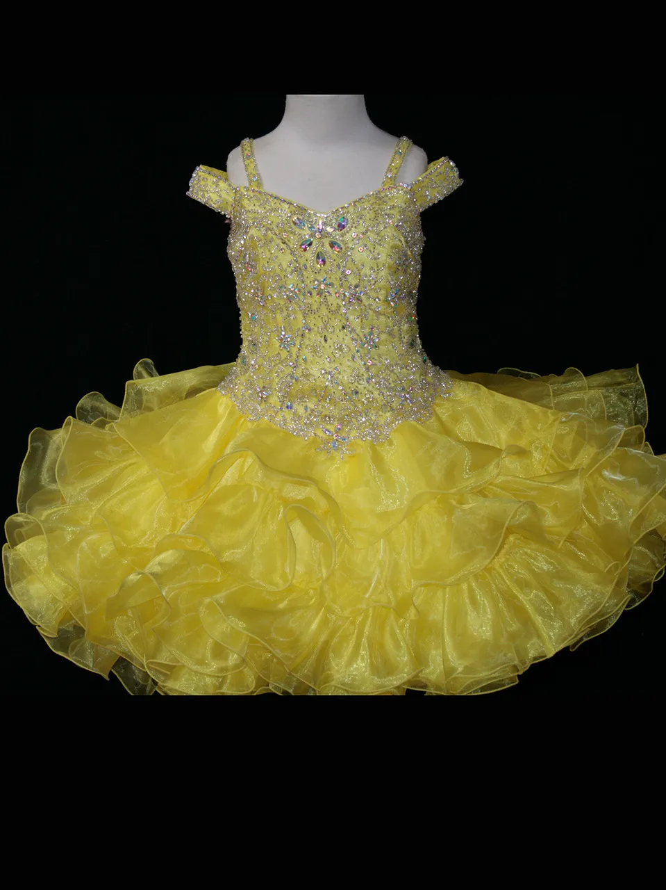 Lilla Rosie Cupcake Pagant Klänningar för tjejer 2017 Princess Toddler Pagant Klänning med Ruffles Organza Kjol Bling Bling Beading Yellow