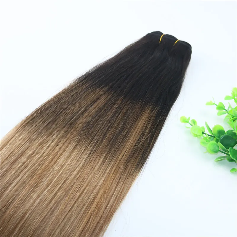 8A 100gram Brazilian Virgin Hair Human Hair Weft Ombre Medium Brown With Ash Blonde Balayage Highlights