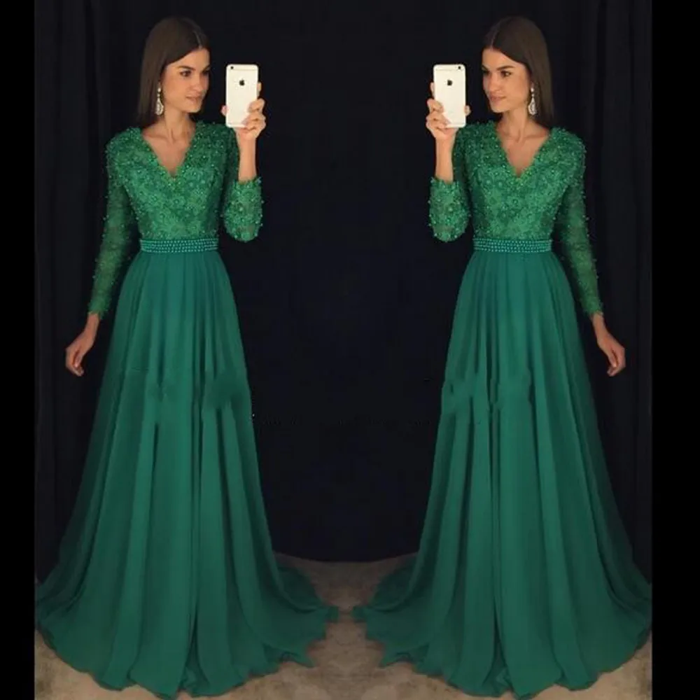 Abiti Da Sera Verde Smeraldo Eleganti Fasce In Chiffon Con Perline Abiti Da Ballo Lunghi Formali Con Maniche Lunghe Scollo A V Abiti Da Festa Con Strascico Da 114 42 DHgate