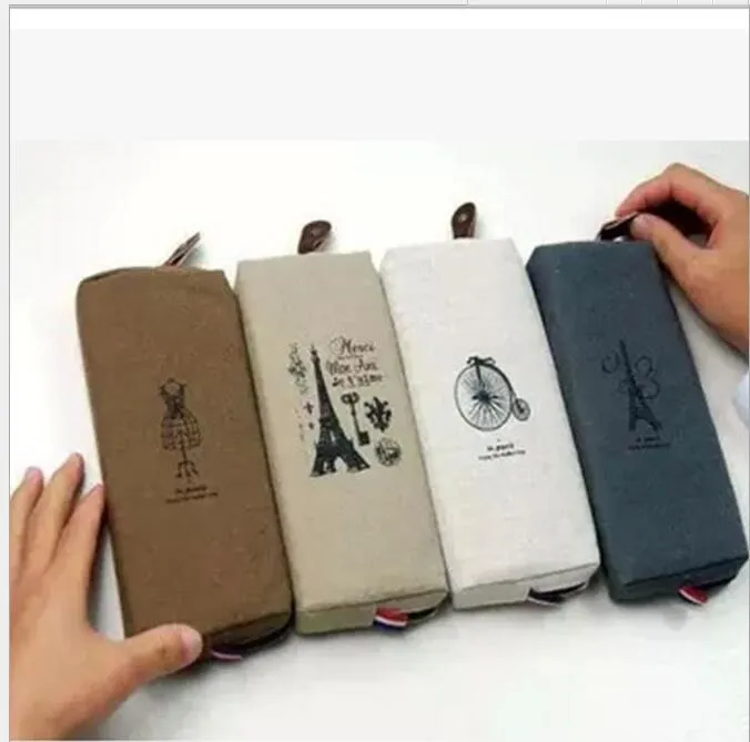 Lovely Sweet Students linen pencil case Women Grils cosmetic purse Bag Eiffel Tower pouch kids school fabric pencil pen holder