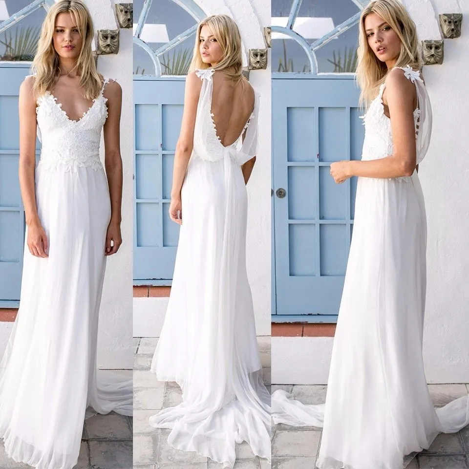 Praia Spaghetti Strap Lace Wedding Vestidos Sexy profundo V Neck Chiffon Robe de Mariée Baixo Vestido Nupcial Vestidos Bohemian Country Wedding Dress