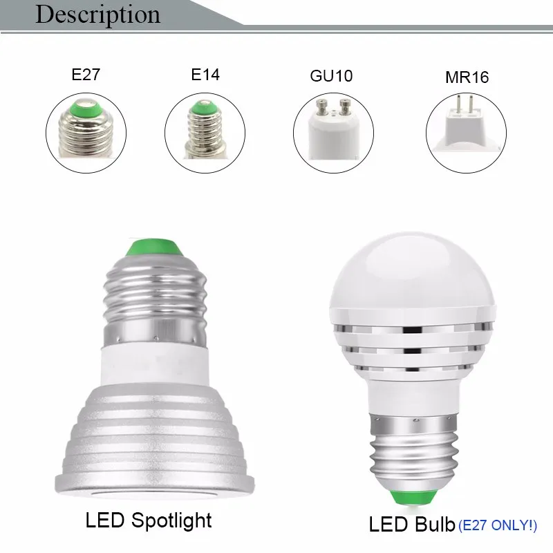 LED -lampa RGB RGBW 3W E27 E14 GU10 MR16 Spotlight Bulb Silver Brightness Justerbara Bombillas med IR -fjärrkontroll 16 Färger C2868773