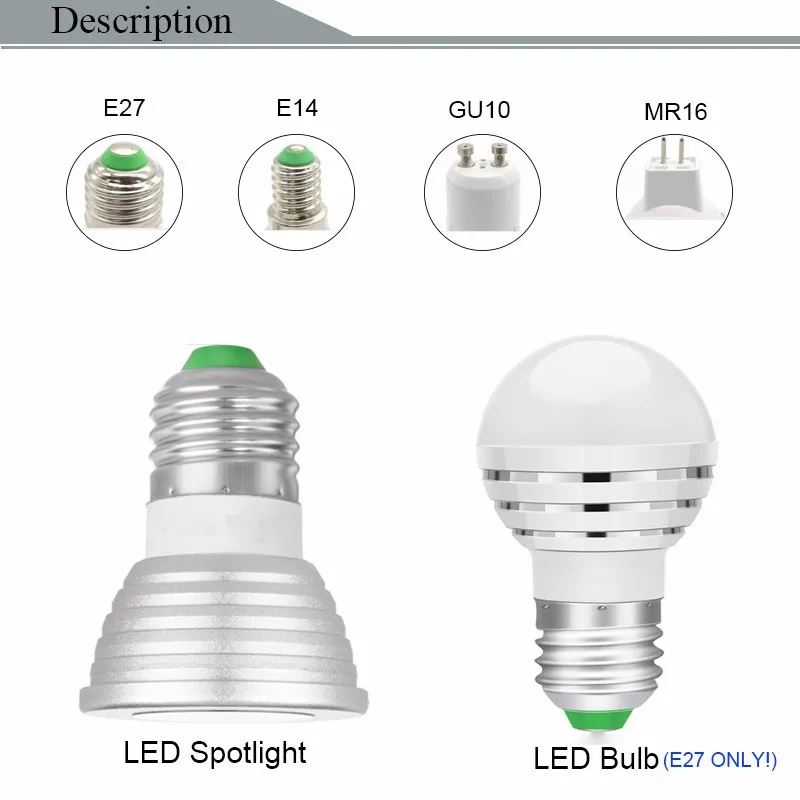 LED -lampan RGB RGBW 3W E27 E14 GU10 MR16 Spotlight Bulb Silver Ljusstyrka Justerbara Bombillas med IR -fjärrkontroll 16 Färger C3679609