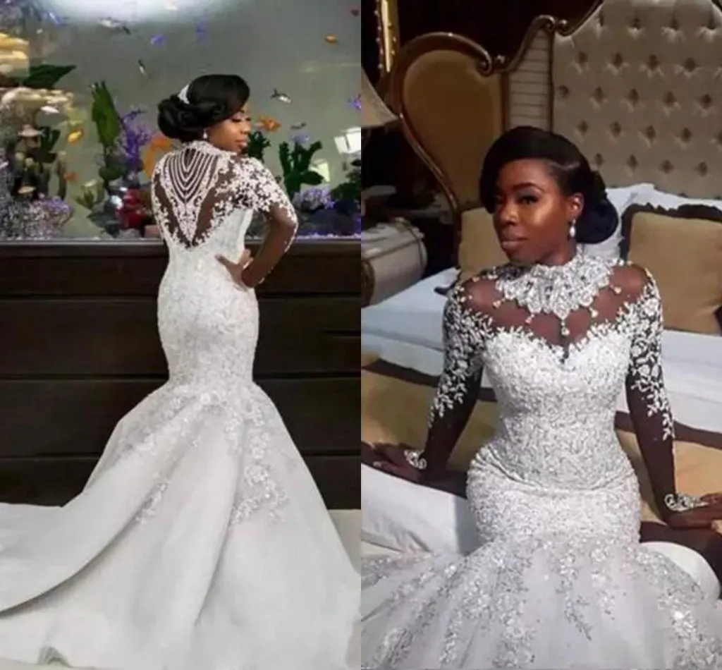 Luxury 2019 African Mermaid Wedding Dresses Long Sleeve Sexy Sheer High Neck Sparkle Beads Lace Satin Nigerian Chapel Bridal Gowns Plus Size