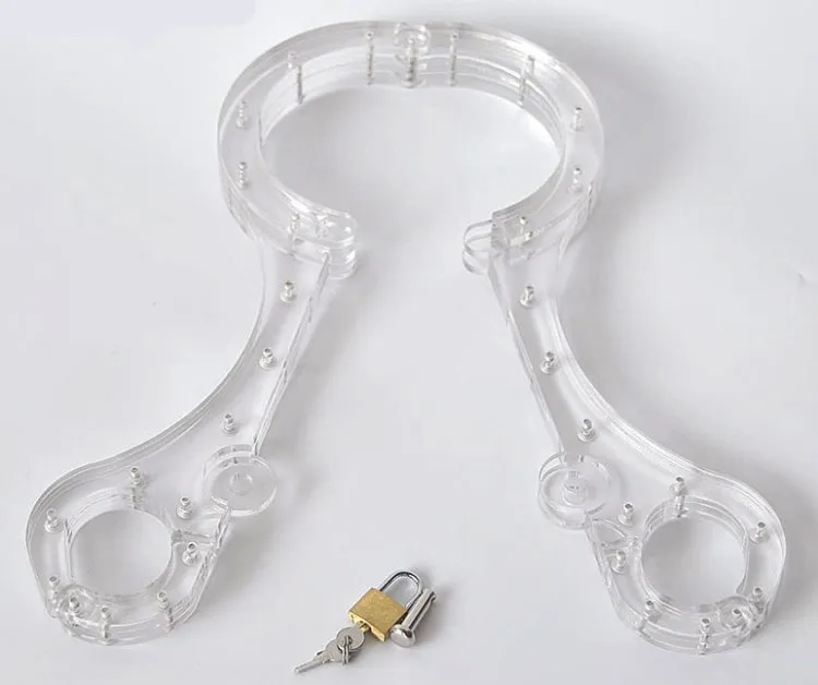 Luxury BDSM Bondage Male Female Transparent Crystal Cangue Round Neck Ring Oval Handcuffs Wrist Restraint Yoke Pillory sex toy2569711