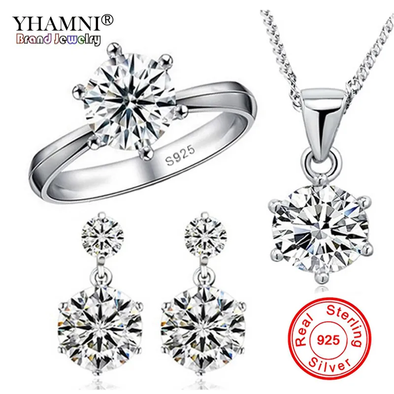 Yhamni Fashion Real 925 Sterling Silver Ring Smycken Sats Luxury CZ Diamant Band Bröllop Brud Smycken Satser för Kvinnor Gåva R1264