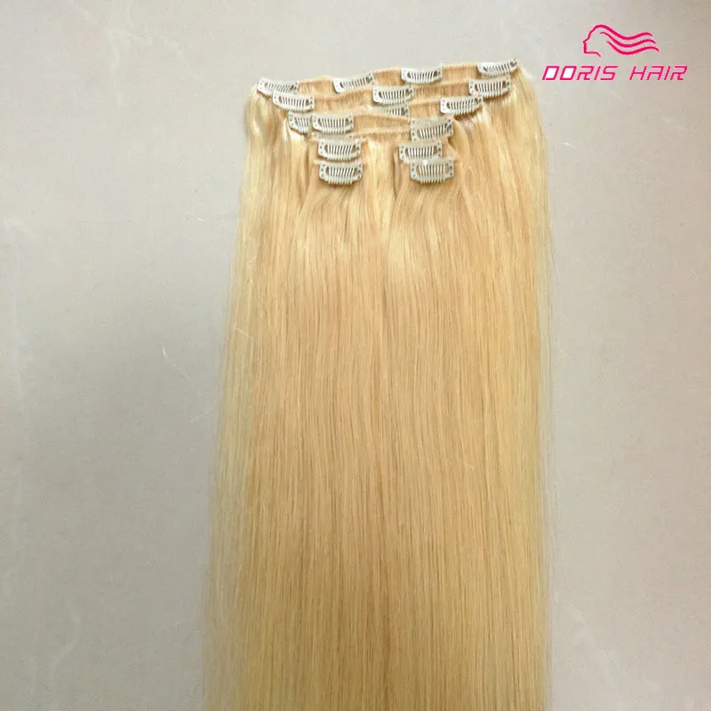 Blonde clip in menselijk haarverlenging hoge kwaliteit 100g Braziliaanse Indiase remy menselijk haar zijde rechte clip op menselijk haar DHL5849642