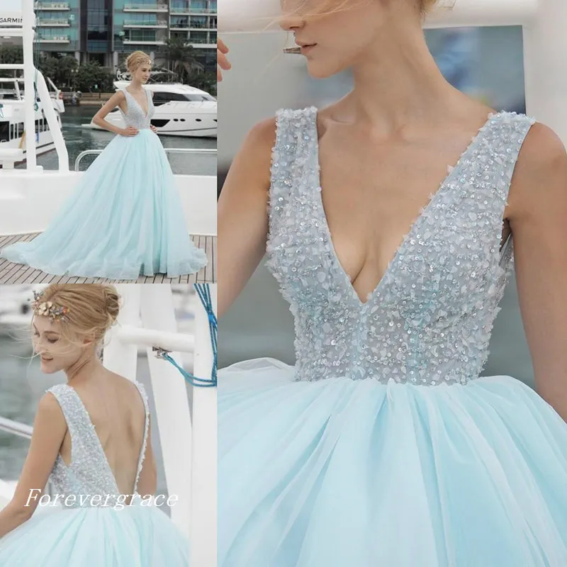 Fashion South African Ice Blue Sexy Prom Dress V-Neck Backless Long Formal Evening Party Gown Custom Made Plus Size