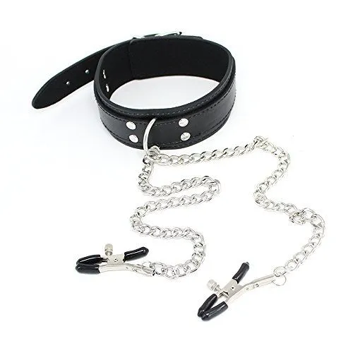 Jouets pour adultes Crazy KA Metal PU Leather Sex Flirt Neck Ring with Nipple Clamps Black # R410