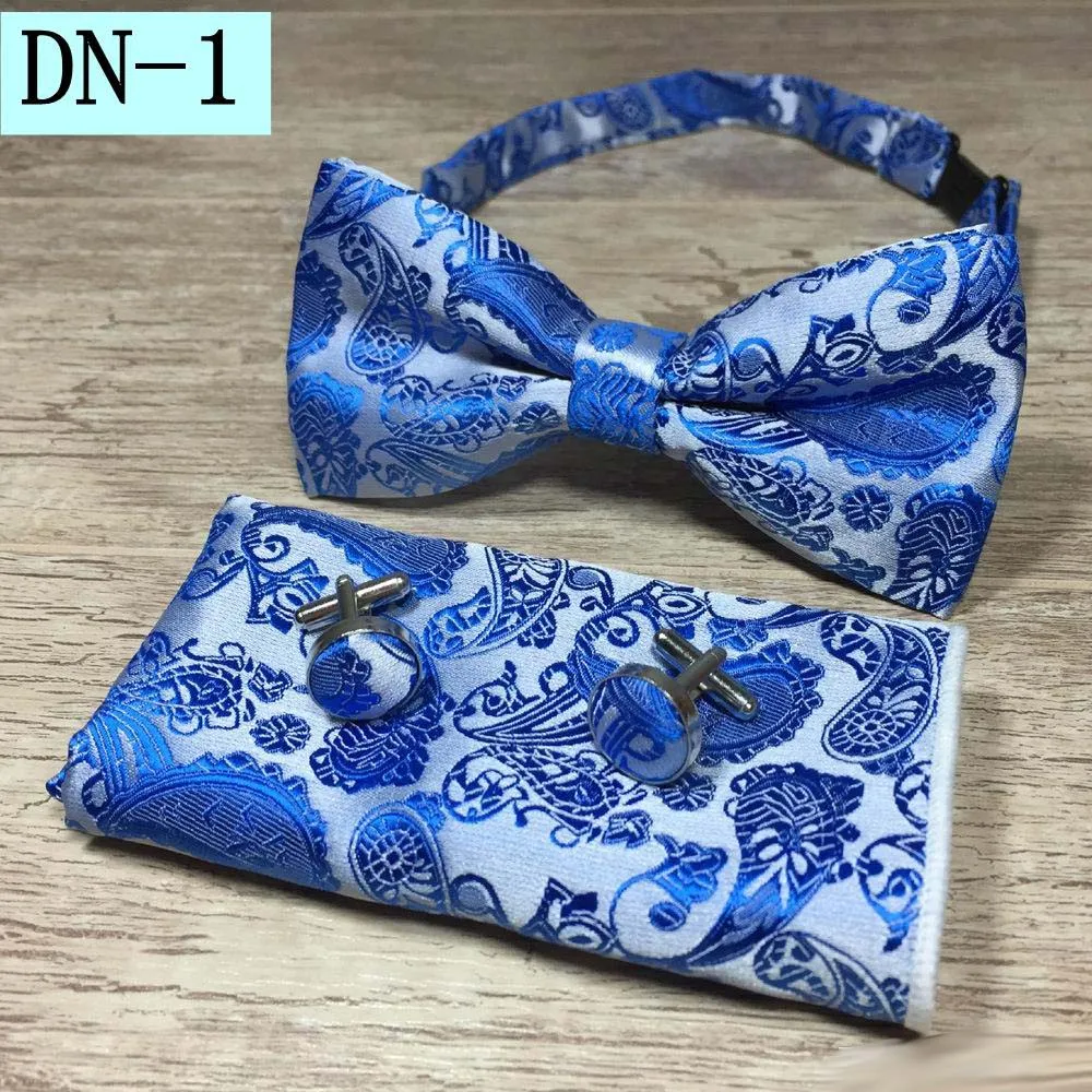 New Design Self Bow Tie And Hanky & Cufflinks Set Silk Jacquard Woven Men Butterfly BowTie Pocket Square Handkerchief Suit Wedding