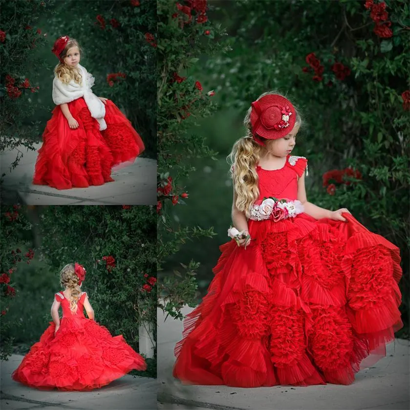 Dollcake Red Rüschen Blumenmädchenkleider mit Schärpen Lace Ballkleid Tutu 2019 Boho Hochzeit Vintage Beach Little Baby Kleider für die Kommunion
