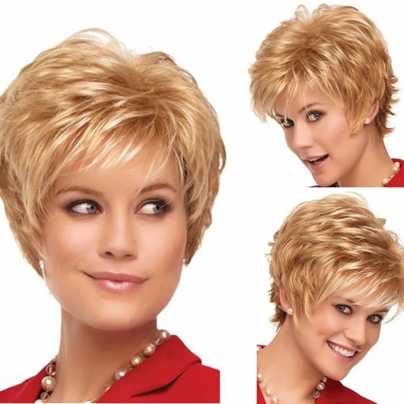 Ladies Short Fluffy Light Golden Wigs Top Quality Synthetic Hair Cosplay Wigs High Temperature Fiber Hair European American Style