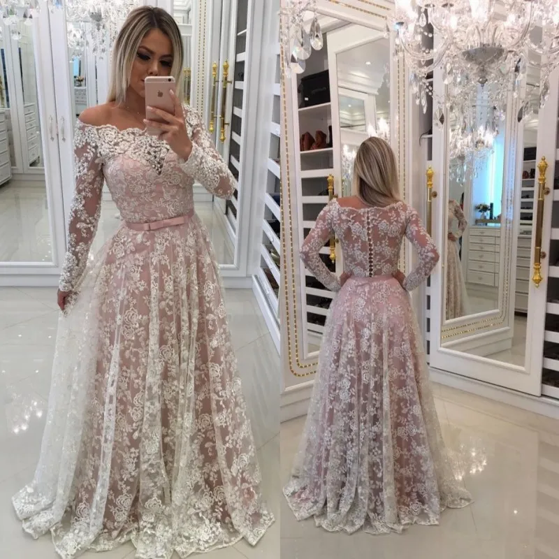 Yousef Aljasmi Women Formal Dresses Pink Off The Shoulder Lace Applique Evening Gown Sweep Train Long Sleeve Prom Dress Party Wear