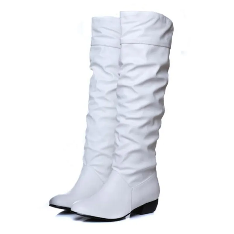 Fashion women boots black white brown low heel knee boots slip on autumn winter ladies boots