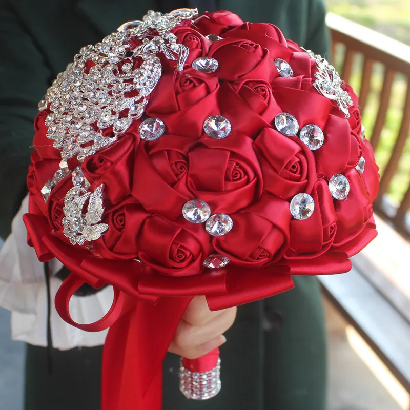 Red Silk Ribbon Wedding Bridal Bouquets Sweet 15 Quinceanera Buquets Pearls Crystal Rhinestone Wedding Supplies Bride Holding Bro8883467