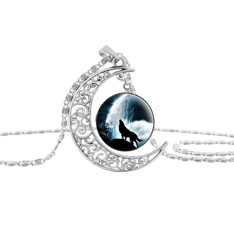 Argent le loup Totem temps gemme Cabochon collier lune soleil arbre généalogique pendentif en verre joli bijoux accessoire cadeau fille