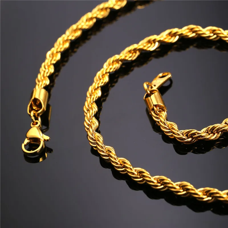 18K Real Gold Plated Stainless Steel Rope Chain Necklace for Men Gold Chains Fashion Jewelry Gift