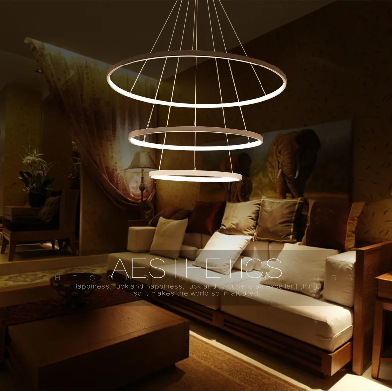 Lâmpadas de pingente modernas para sala de estar Jantar 3/2/1 Anéis de círculo de alumínio acrílico LED lâmpada de teto de iluminação
