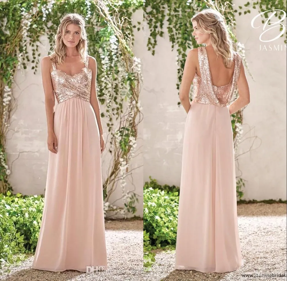 Rose Gold Bridesmaid klär en linje spaghetti rygglösa paljetter chiffong billig lång strand bröllop gäst brudtärna klänning piga av ho289l