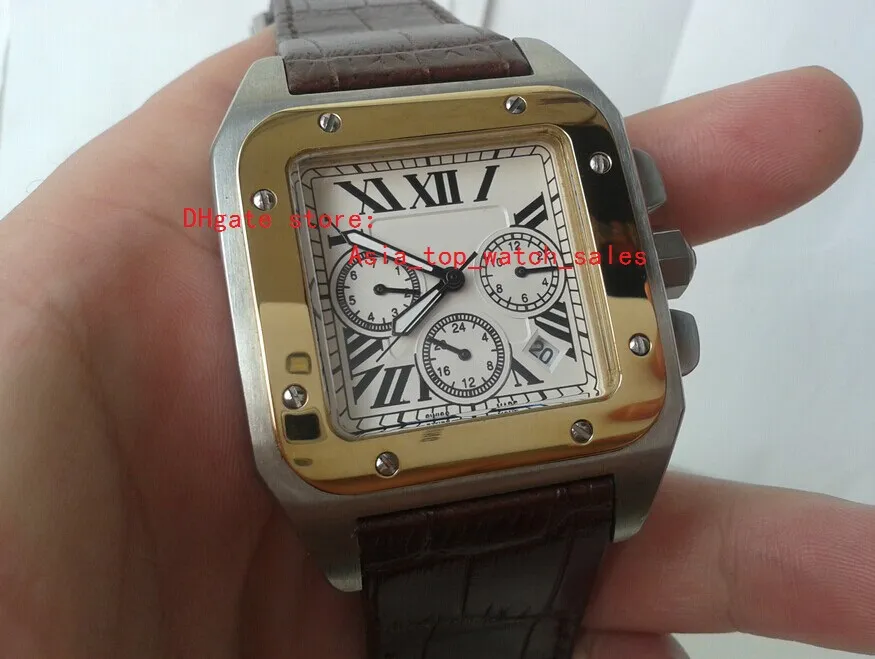 Factory direct sale 100 XL Stainless Steel 18k Gold quartz Men's Watch W20091X7 Men's Sport Date WristWatches Leather Strap White Dial