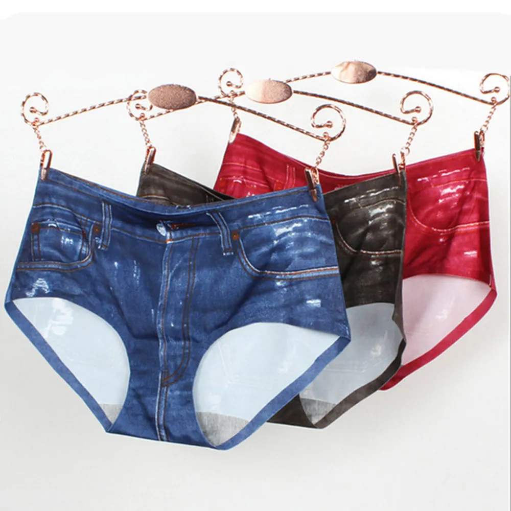 Imitação de Calças de Brim Projeto Mulheres Cintura Baixa Calcinha Lingerie Cuecas Sem Costura Meninas Sexy Underwear Cuecas Calcinhas Tamanho Único