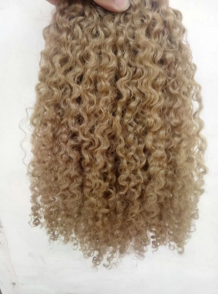 brasiliansk mänsklig jungfru remy clip ins hårförlängningar kinky curls hår weft medum brun mörk blond färg1431100