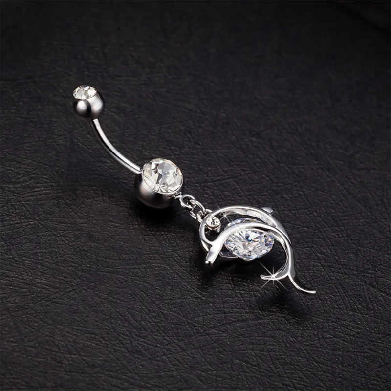 Mode Piercing Body Sieraden Koreaanse Deisgn Trendy Wit Crystal Dolphin Navel Belly Button Ring Lovery Dansende Belly Ringen