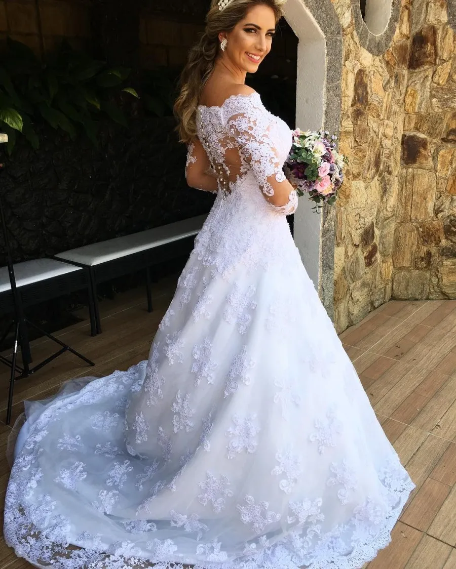 Off-Shoulder Princess wedding dresses with Sleeves with Appliques and Long Lace Sleeves - A-line Boat Neck Bridal Gown with Button Back