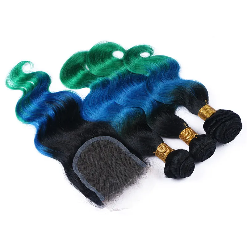 Virgin перуанский Dark Root Blue Green Ombre человеческих волос переплетений 3Bundles С Body Wave 4x4 Три тона Ombre шнурка фронта Закрытие 4шт Лот