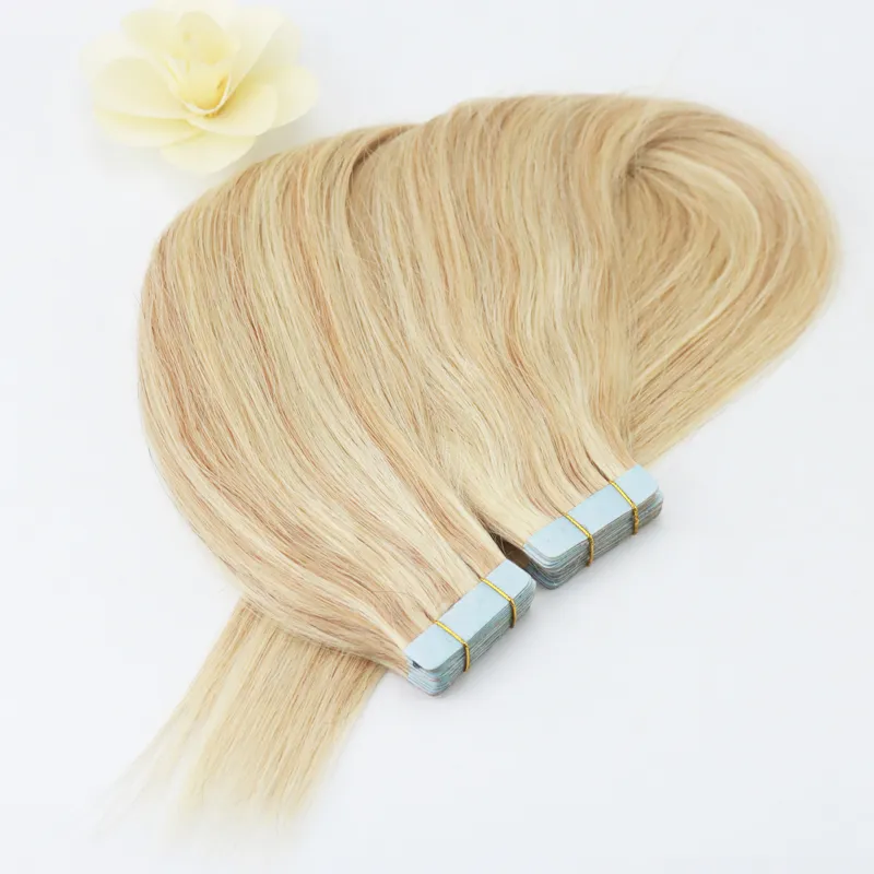 100% Straight Unprocessed Virgin Remy Human Hair Ombre Blonde Color #14 to #613 Seamless Skin Weft Tape In Hair Extensions