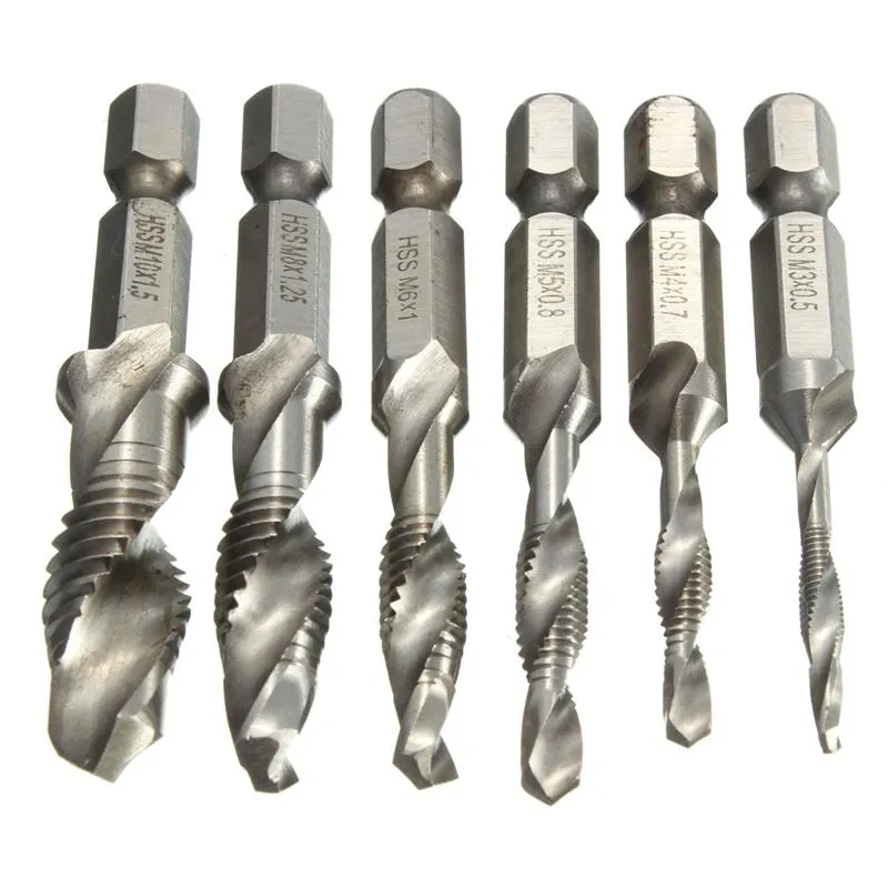 6st / set Hand Tap Drill Hex Shank HSS Skruv Spiralpunkt Tråd Metriska Plug Drill Bits M3 M4 M5 M6 M8 M10 Handverktyg